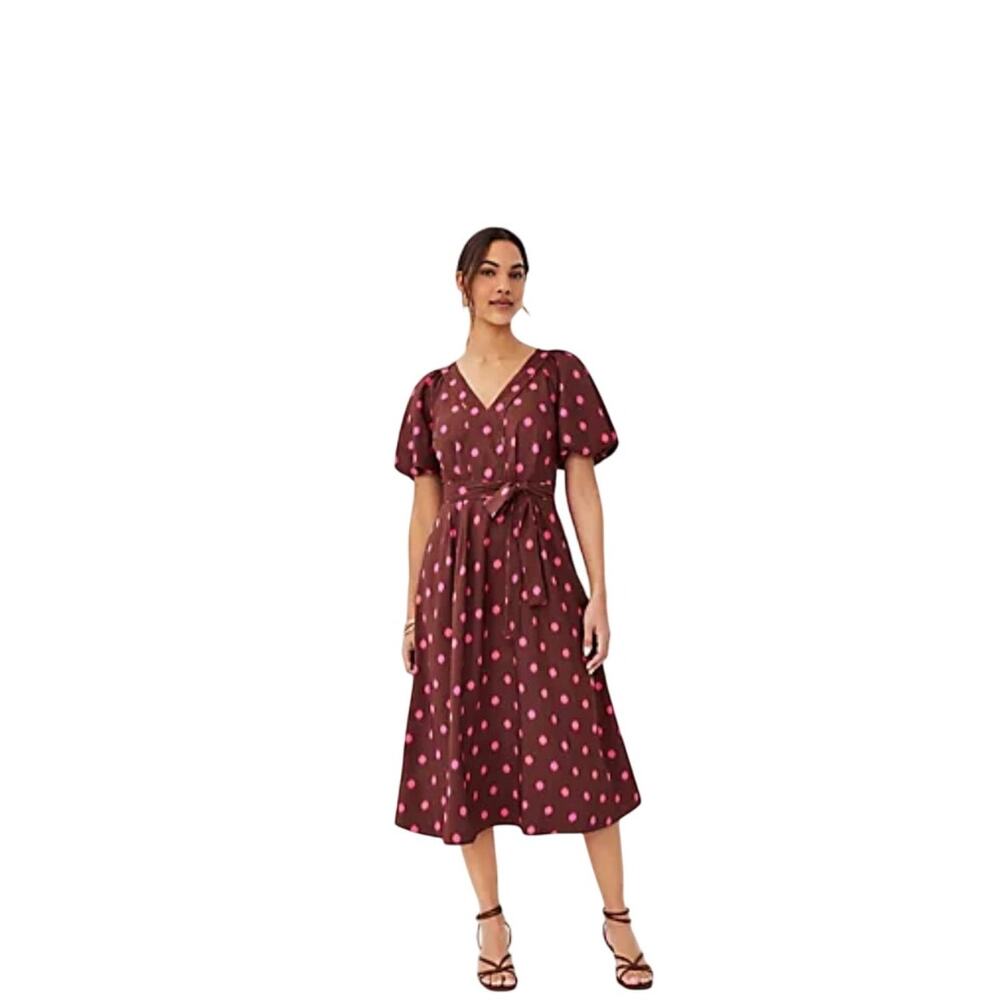 Ann Taylor Midi Dress Browns w/Polka Dots‎ Swatch Pink Sz 4